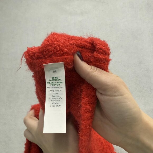 Aerie Sweater Womens Large Red V Neck Fuzzy Boucle Cozy Knit Pullover Oversized - Picture 6 of 9